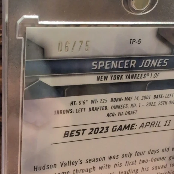 2023 Bowman's Best Spencer Jones Top Prospect Rookie Card Gold #6/75 Yankees - Picture 4 of 4